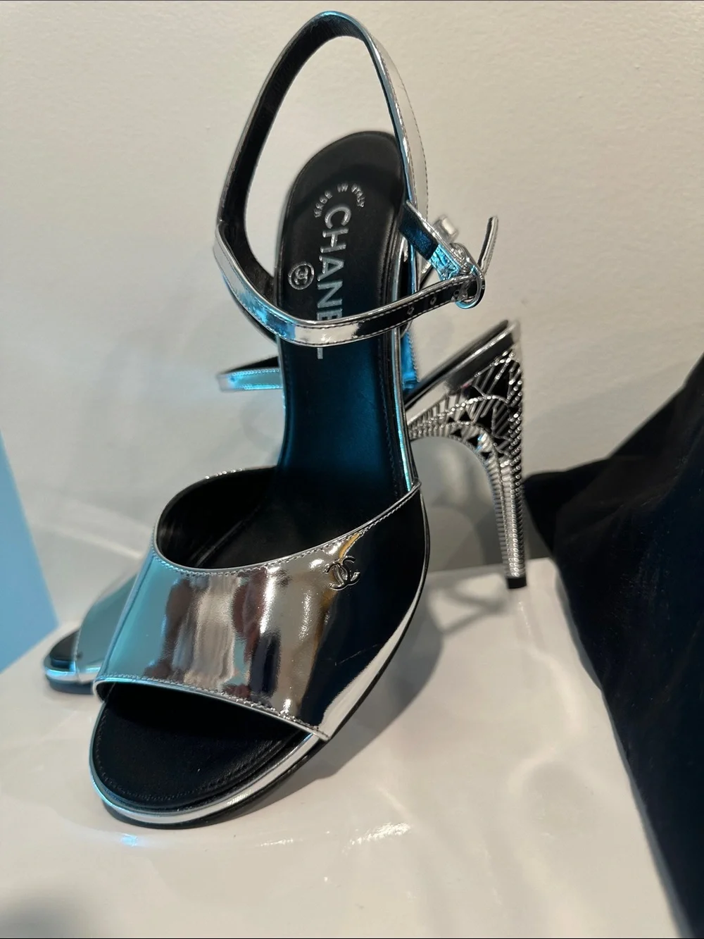 CHANEL Silver high shine mirror like effect Open-yToe Slingback Heels